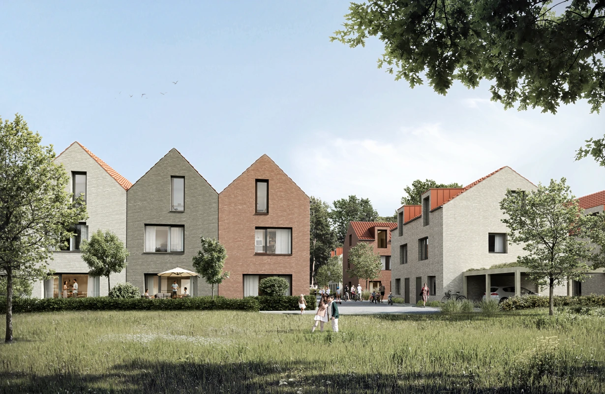 Isometrische Zeichnung eines Bauprojekts mit mehreren Gebäuden und markierten Strukturen in Rot