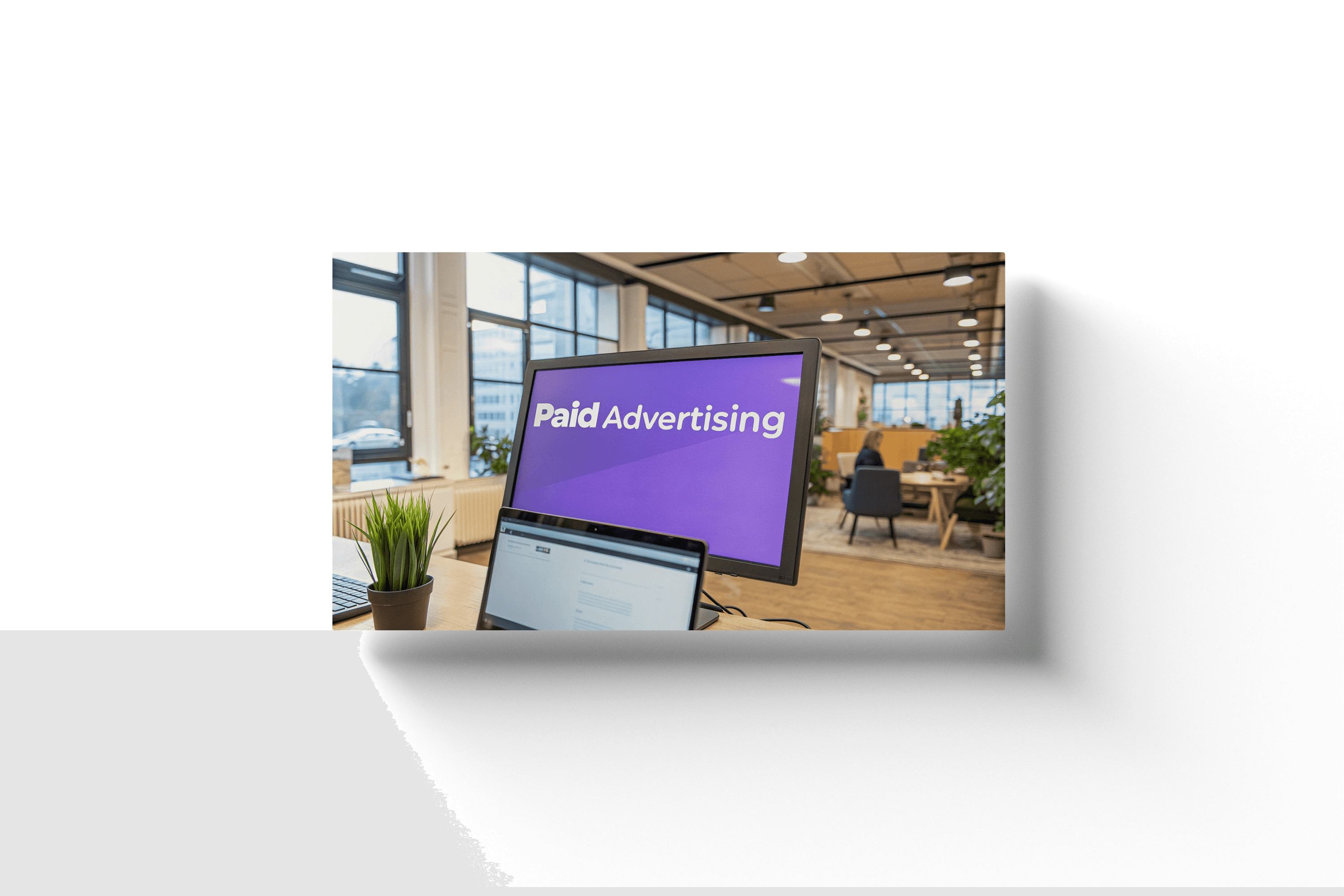 a computer in a office setting with a purple screen being shown with the text 'paid marketing'