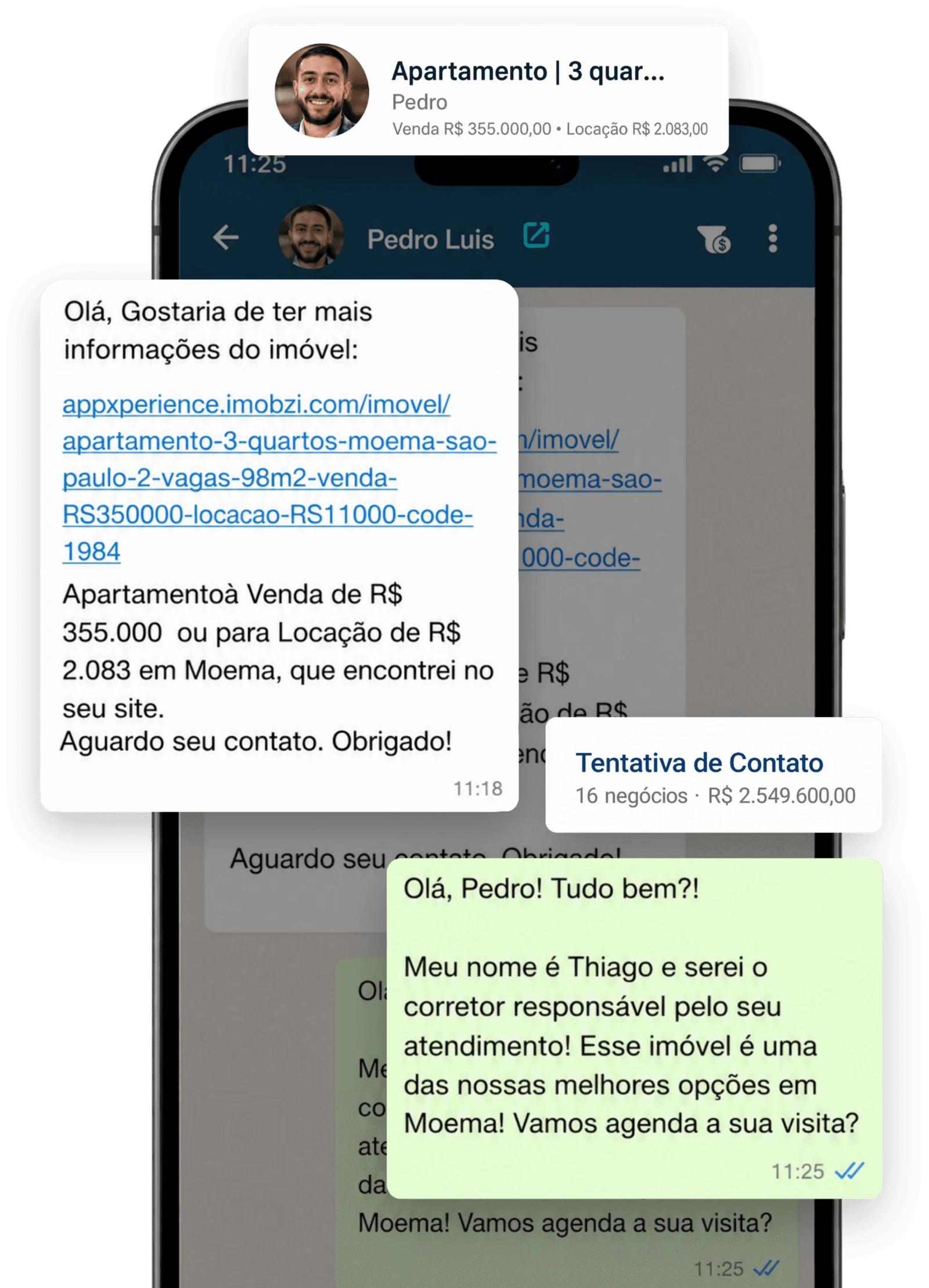 Tela de celular mostrando conversas de WhatsApp entre cliente e corretor sobre um imóvel