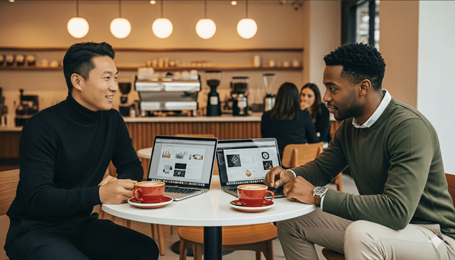 Two professionals collaborate in a modern cafe, working on laptops with charts and coffee cups on the table