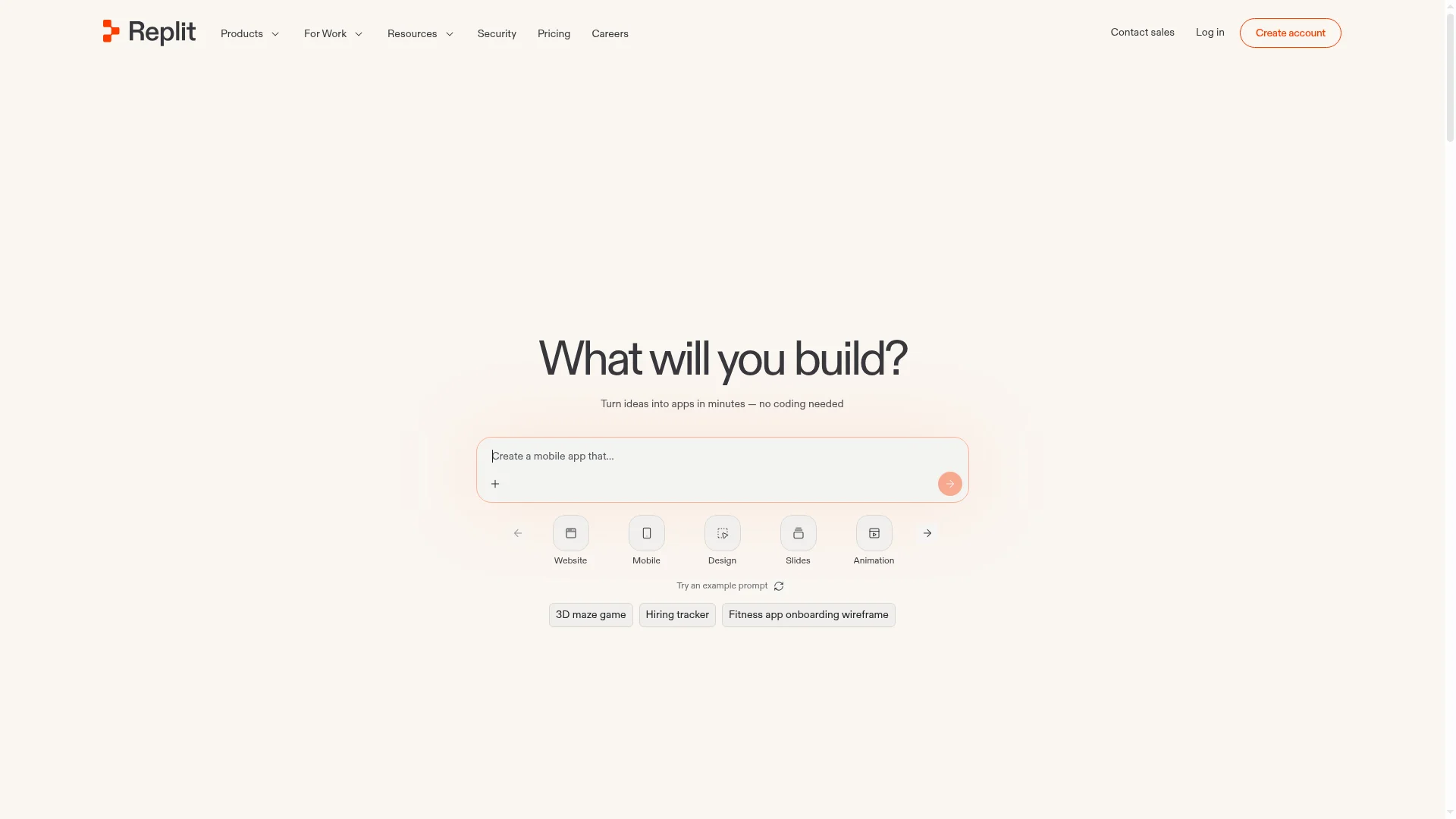 Replit AI app builder homepage