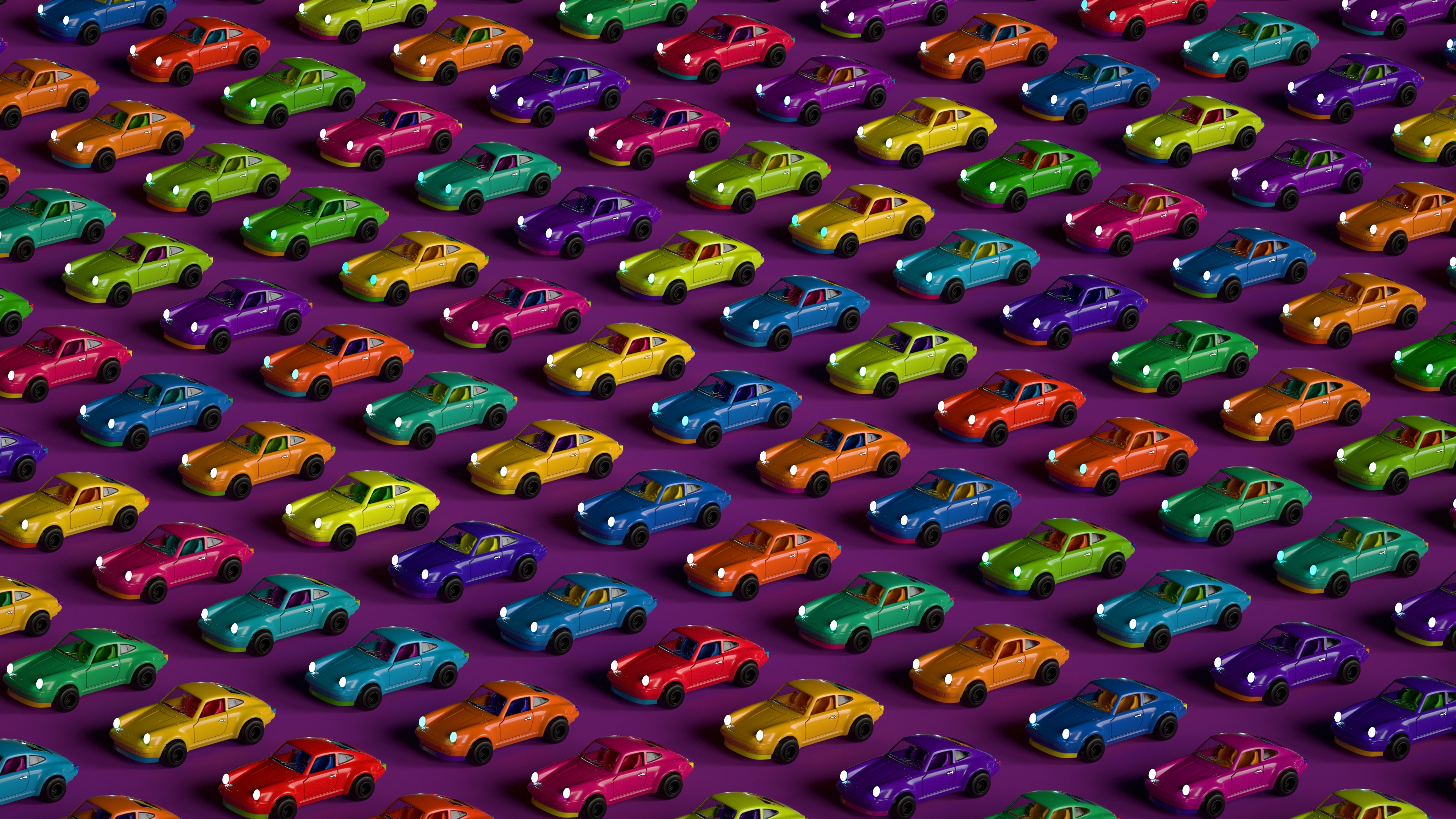 Colorful repeated car pattern in a stylized 3D environment