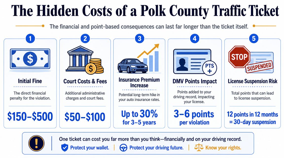 An infographic detailing the five hidden financial and point-based consequences of receiving a Polk County traffic ticket.