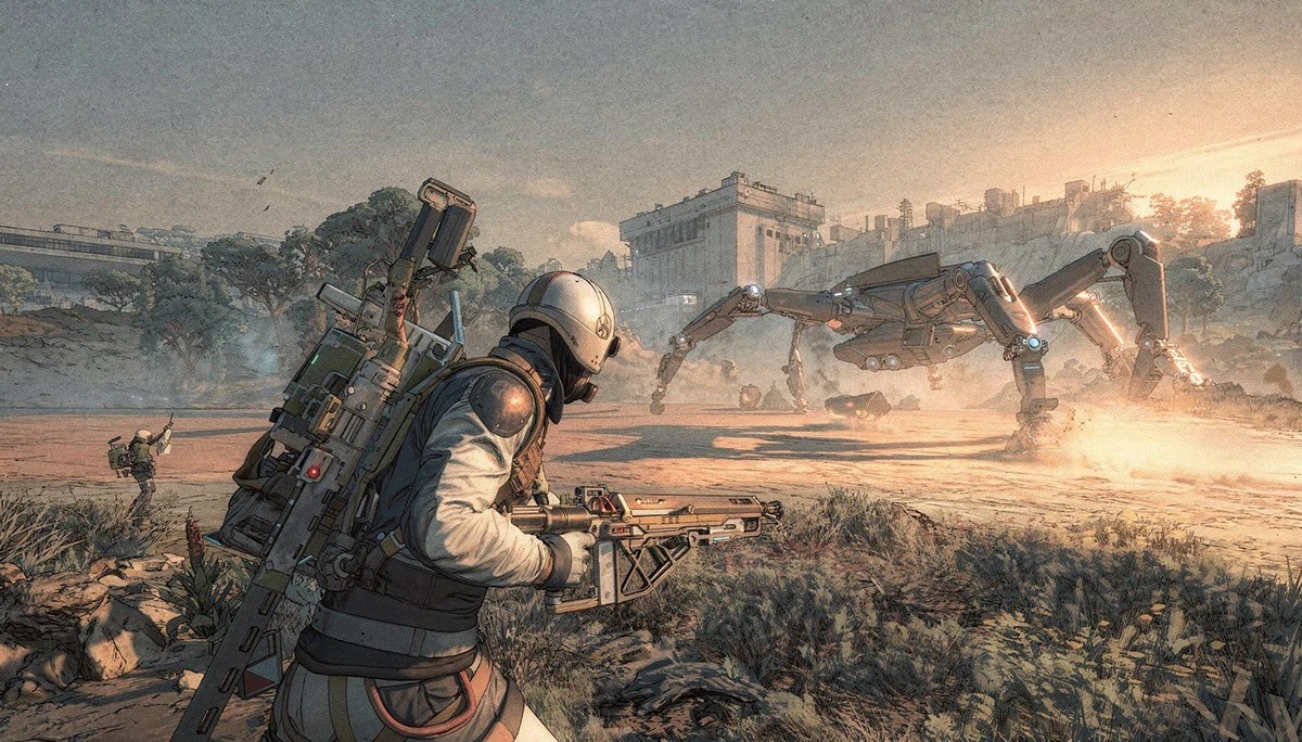 Raider with a backpack runs toward a walking machine on a plain