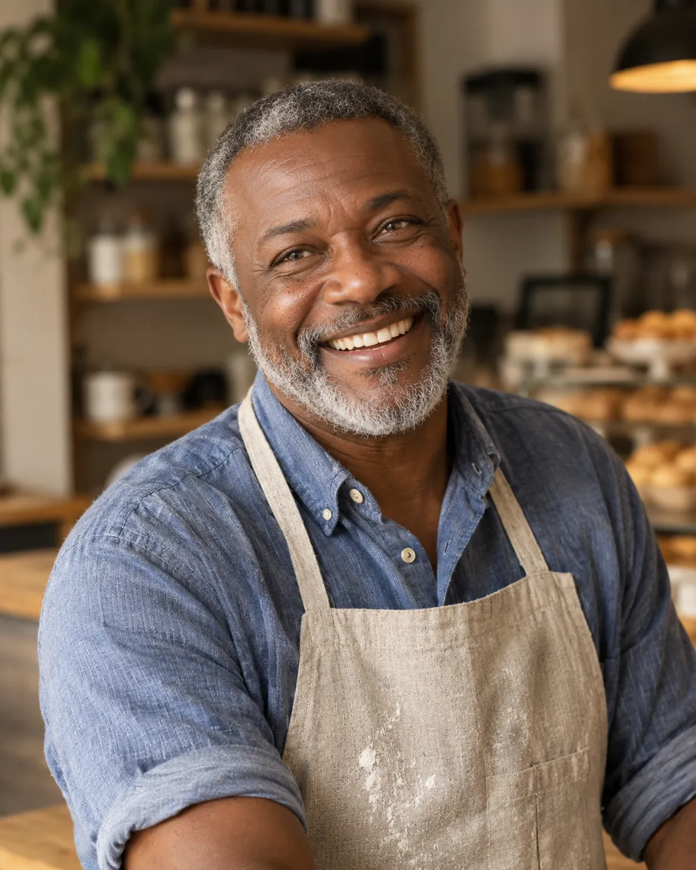 Daniel Okafor in his café apron
