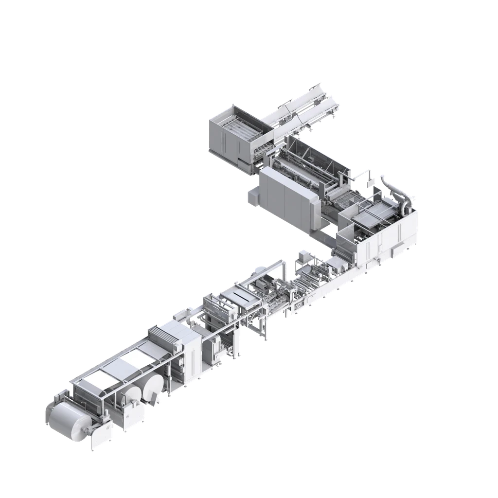 Industrielle Papiermaschine im 3D-Ansicht. Automatische Papierherstellung. Produktionsanlage.