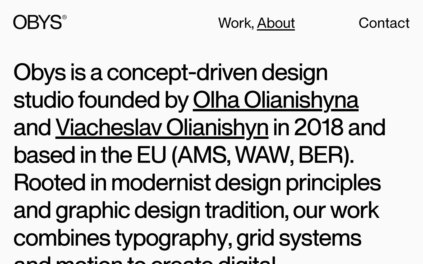 OBYS website with text about the design studio's founders, based in the EU. Links: Work, About, Contact. Modernist typography.