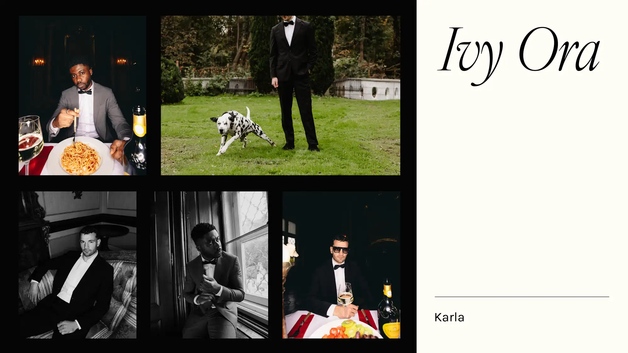 Ein Bild von der Design Direction von Andrae Maßanzüge. Man sieht die Schriftarten und Bilder von Menschen in Anzügen in verschiedenen Locations.