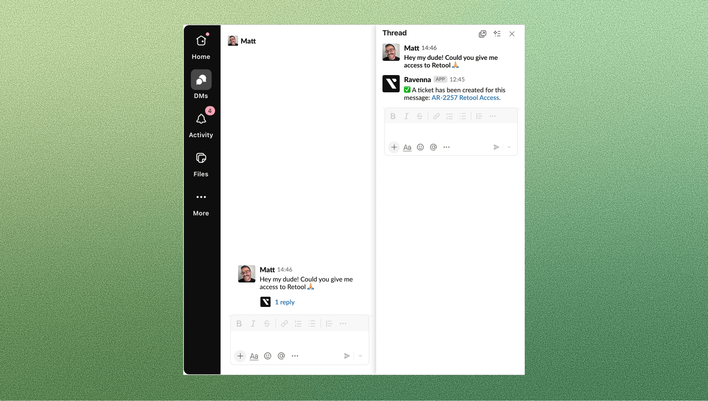 How a software access request is managed by Slack helpdesk automation