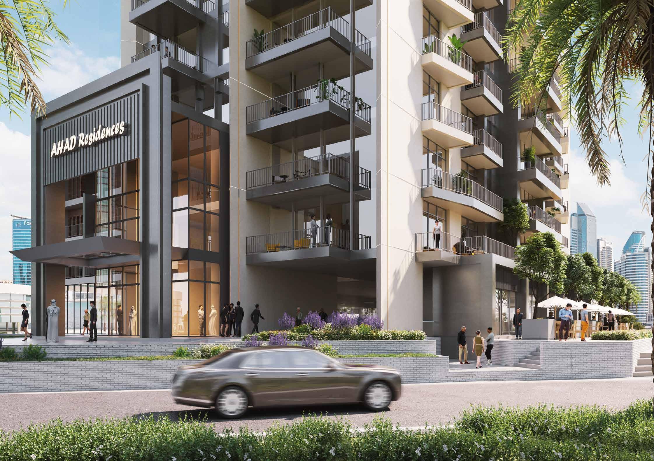 Modern entrance of Ahad Residences, showcasing luxury real estate and professional property management.