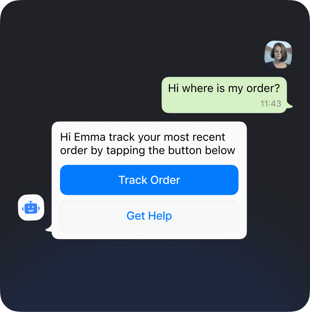 AI assistant providing order tracking and help options in response to a customer’s inquiry about their recent order.