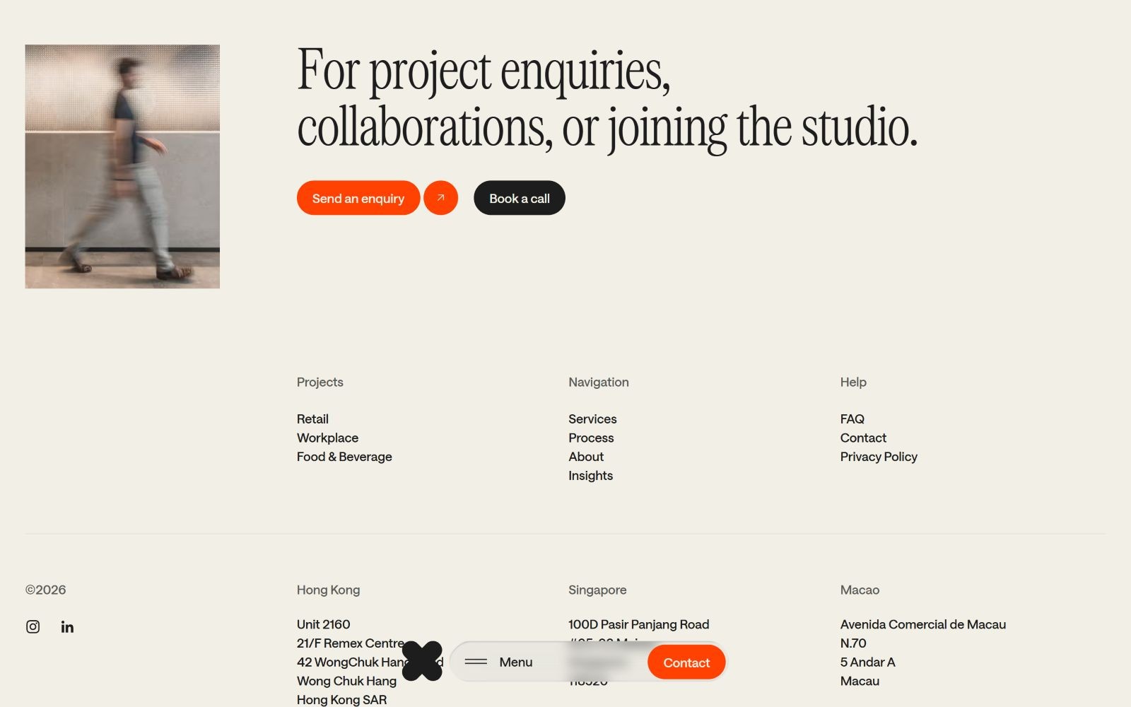 Blurry man walks; text reads "For project enquiries, collaborations, or joining the studio." Footer lists locations and contact info.