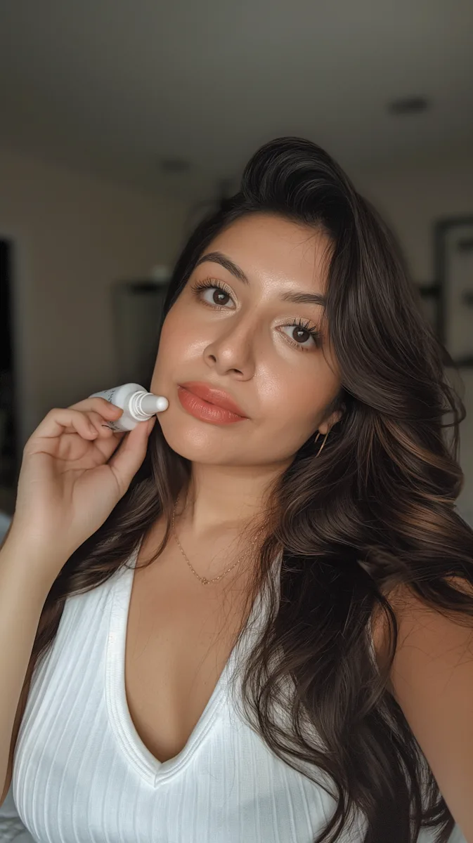 woman showing serum bottle in hand
