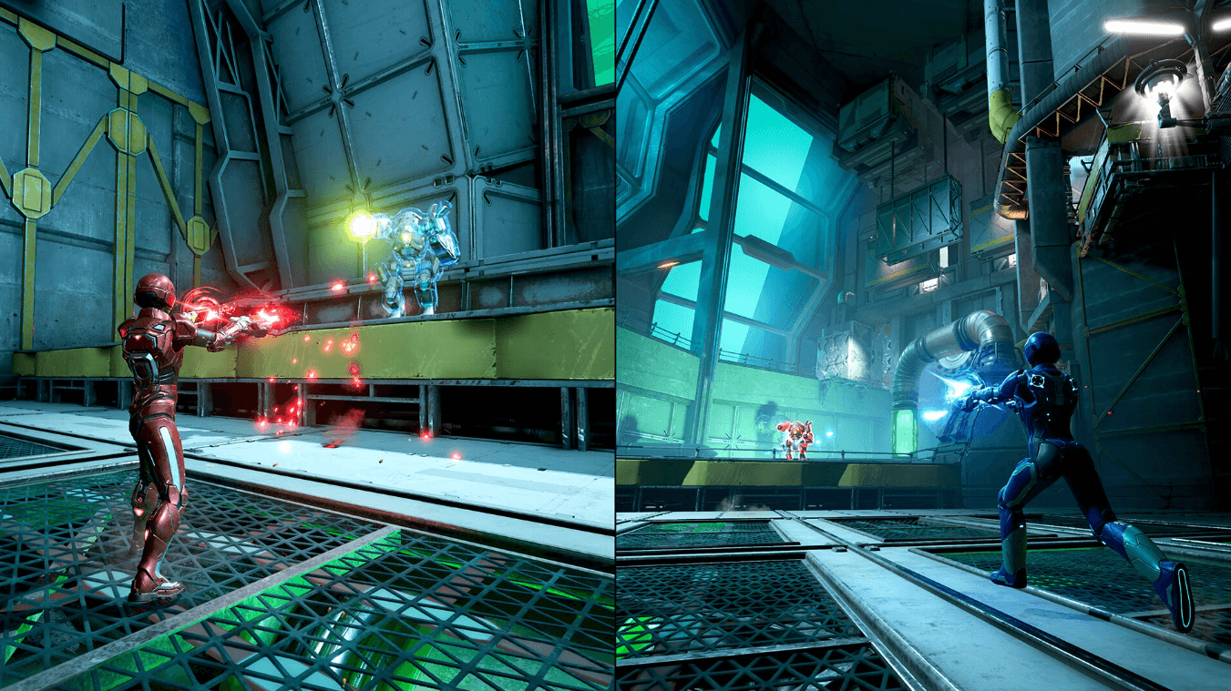 Screenshot Split Fiction Switch 2 – affrontement dans décor sci-fi avec lumières rouges et bleues sur KeyVerse Gaming