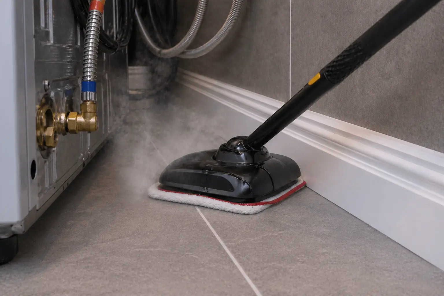 A professional steam cleaner sanitizing the floor and baseboards behind a large appliance, showing the thorough removal of hidden dust and grime during a deep clean.