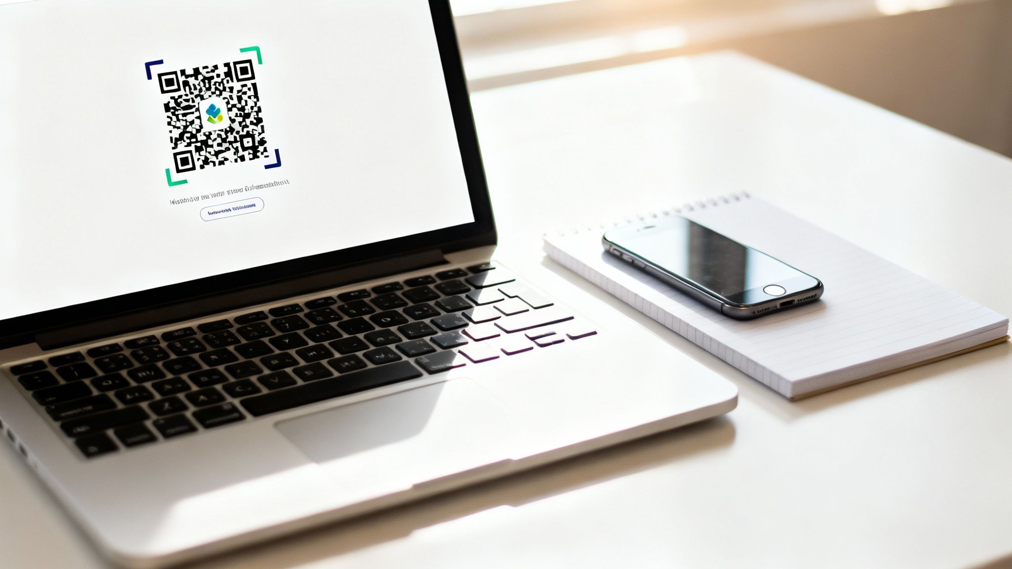 A branded QR code with a logo in the center being scanned.