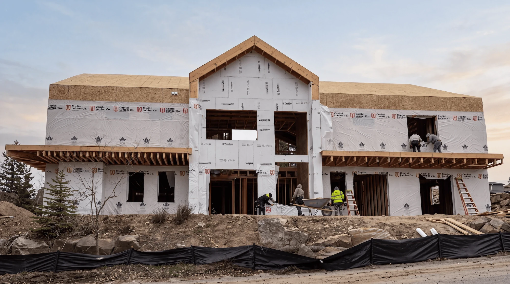 Wood-framed building under construction