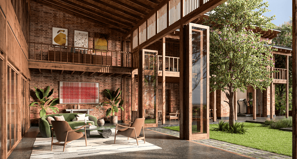 Aadi Villa — front facade with palm trees and earth brick walls
