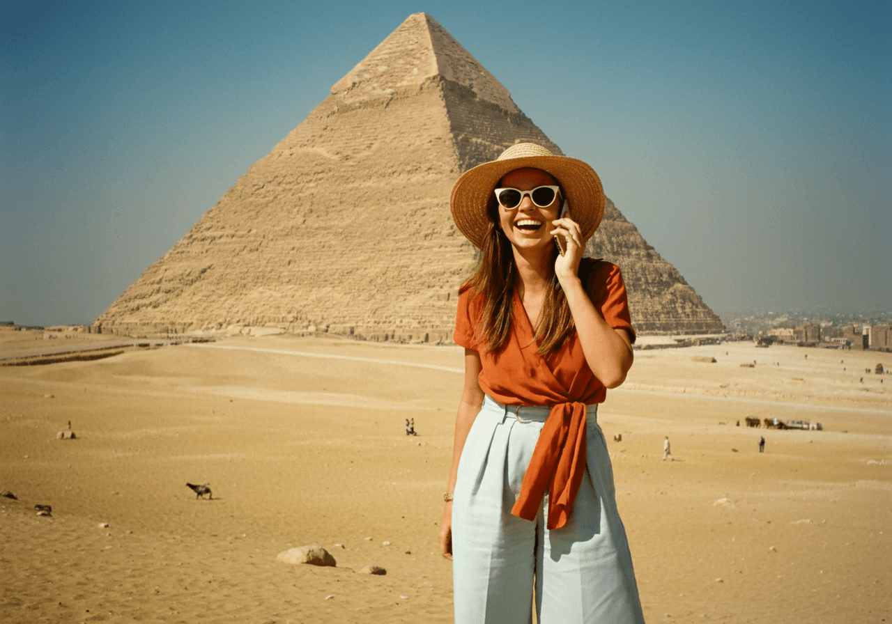 A woman on a phone in front of the Pyramids