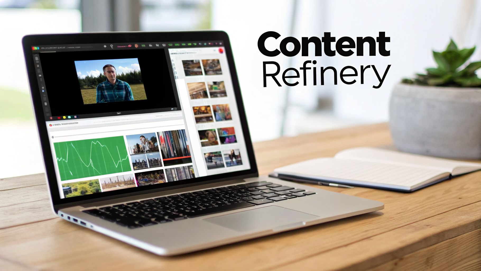 Laptop showing video editing software with a man on screen, 
