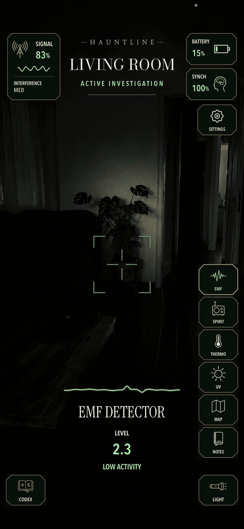 Vertical Hauntline investigation screen — center screen