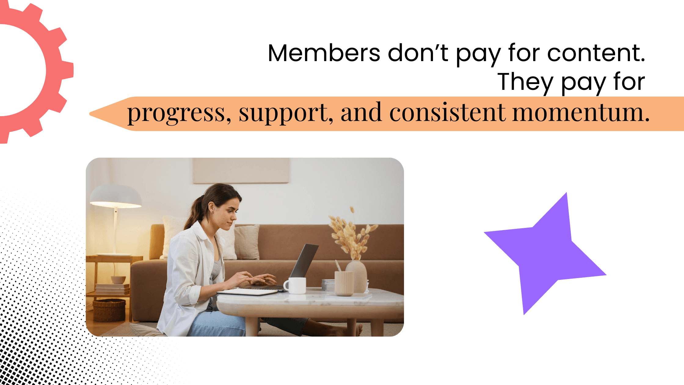 Coach working on a laptop at a table, showing that members pay for progress, support, and consistent momentum, not content.