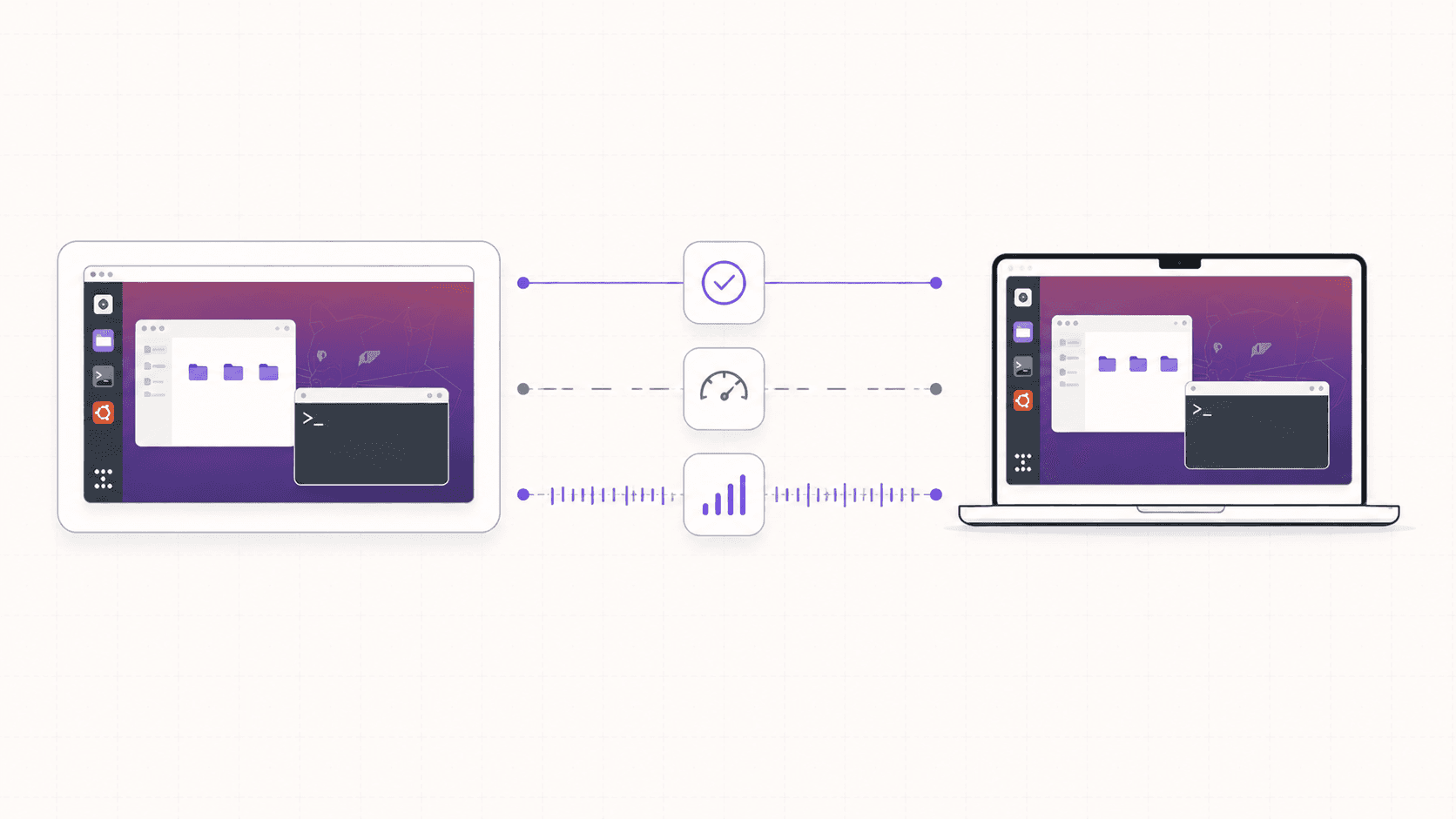 Cloud desktop and laptop connected through indicators for reliability, latency, and network quality.