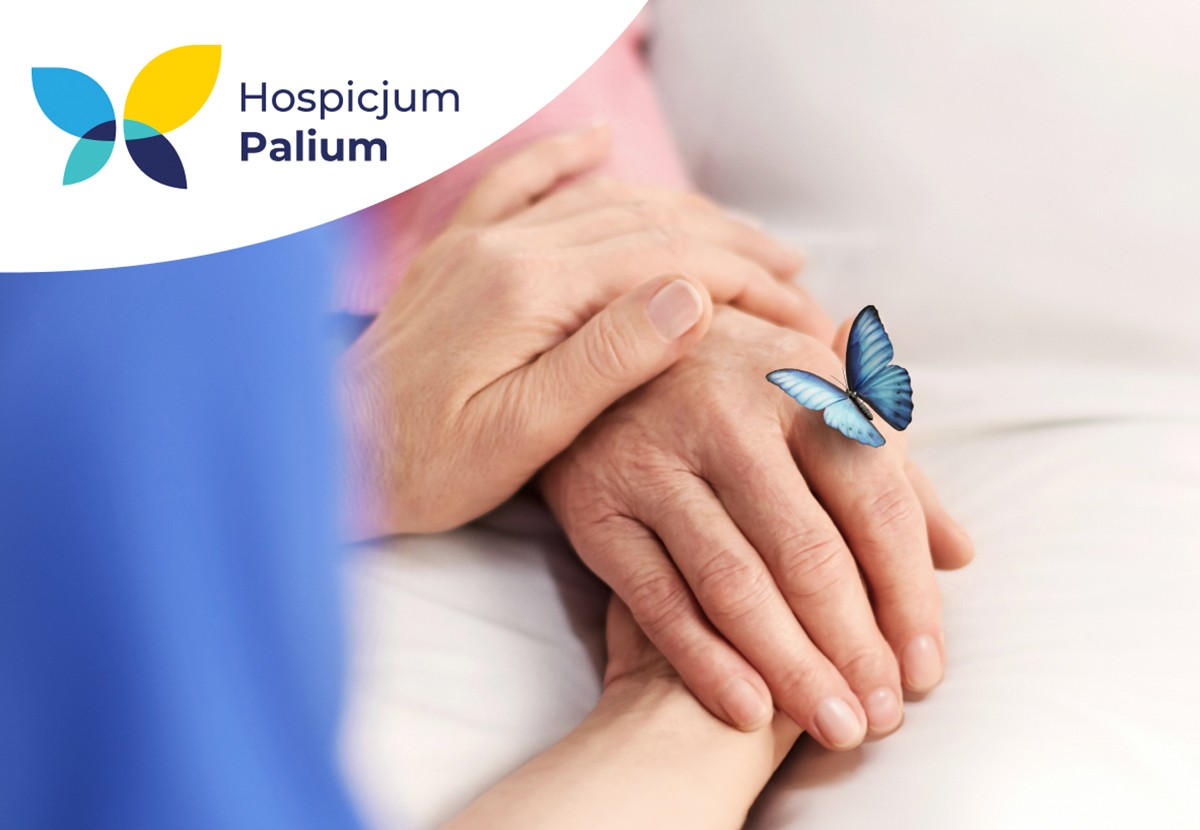 Two hands are clasped together, with a blue butterfly logo in the corner. Soft, neutral background.