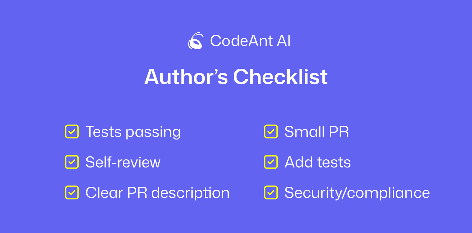 Checklist showing steps developers should complete before submitting a pull request for code review.