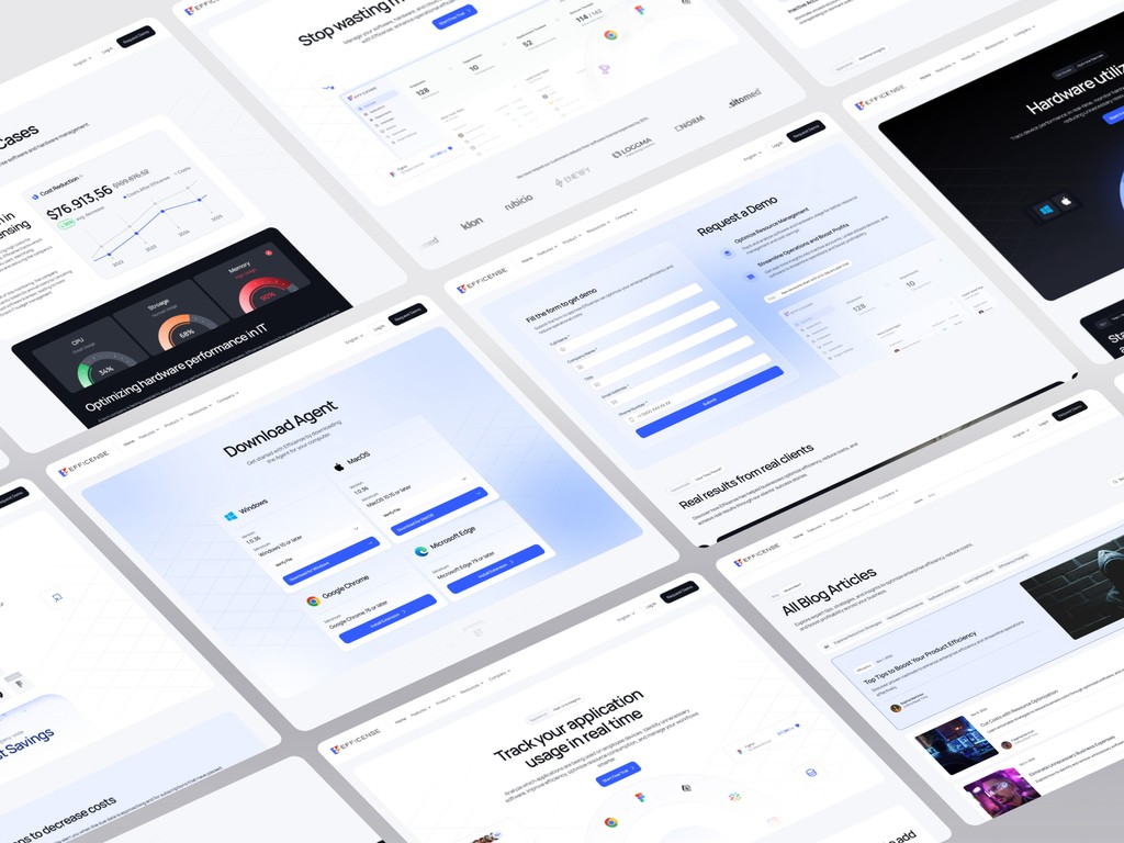 Collage of Efficense web pages highlighting real-time analytics, hardware performance dashboards, and user-friendly UI
