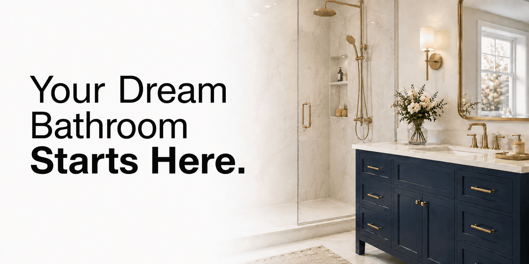 Bathroom remodeling banner with walk-in shower and vanity