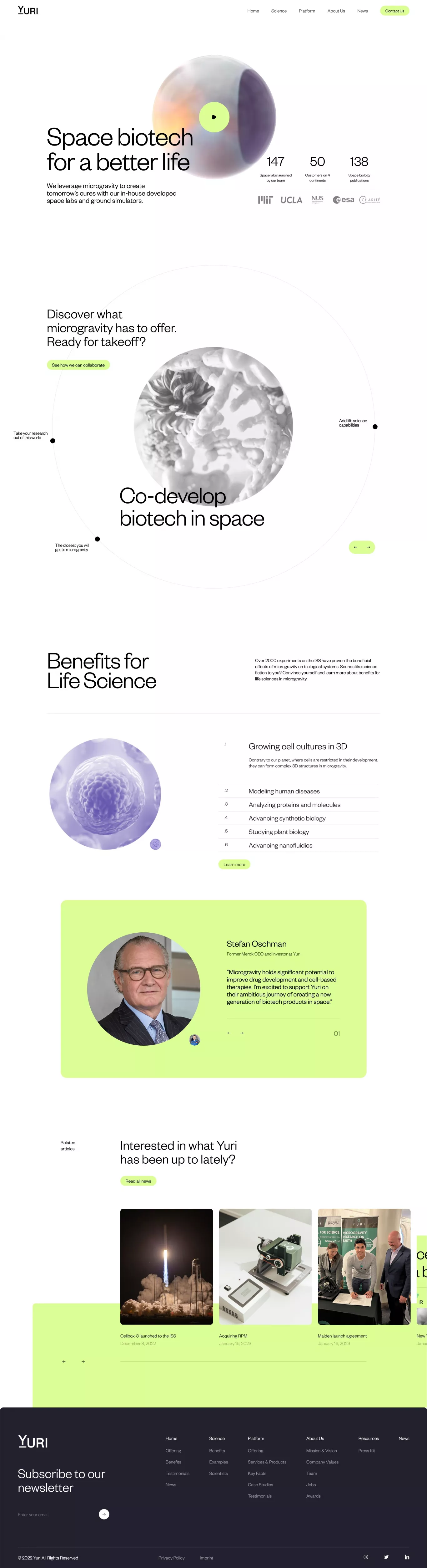 Home - Yuri - Space biotech for a better landing page screenshot showcasing Medical and Tech design