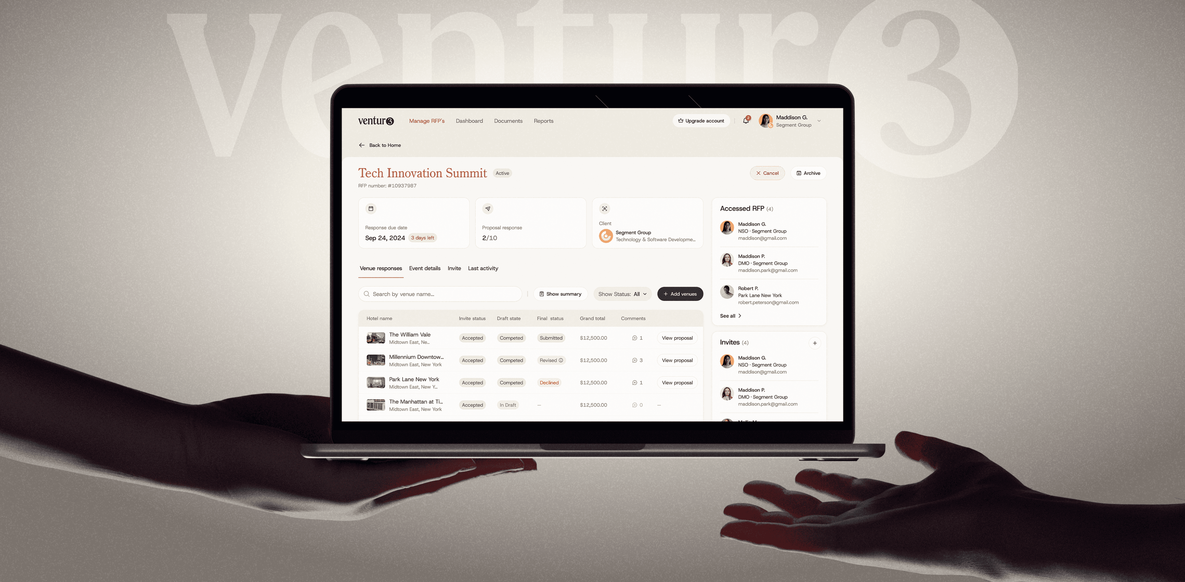 Two hands are reaching toward a laptop displaying data, against a light background with the word "Ventur3."