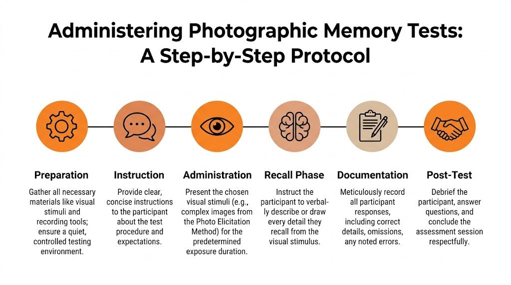 A six-step infographic outlining the professional protocol for administering a photographic memory test to participants.