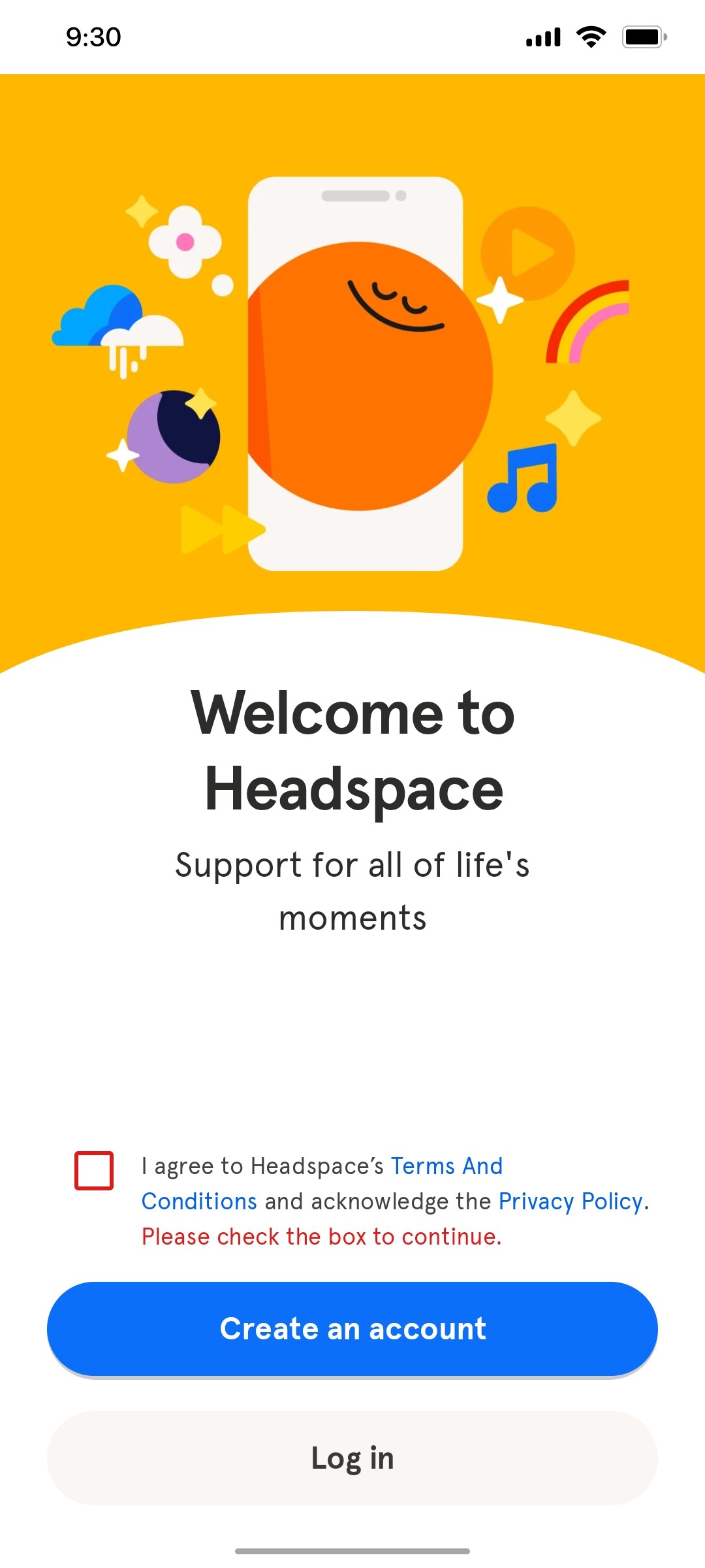 Headspace Welcome Screen error