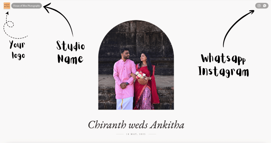Preview of a photography studio website with annotated callouts for logo, studio name, and social links