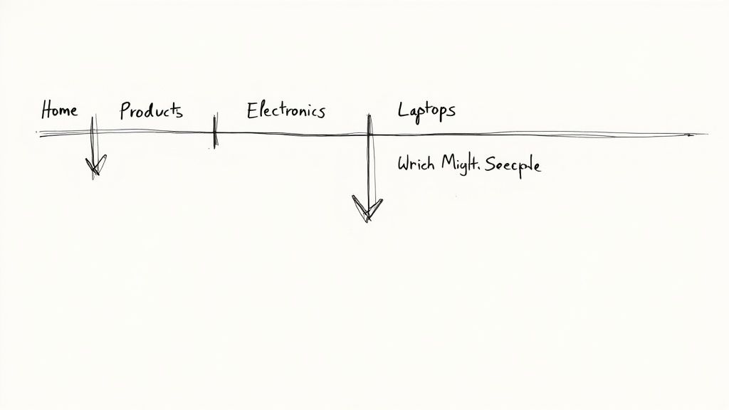 Handdrawn diagram showing a website navigation path: Home, Products, Electronics, Laptops with sub-category arrows.