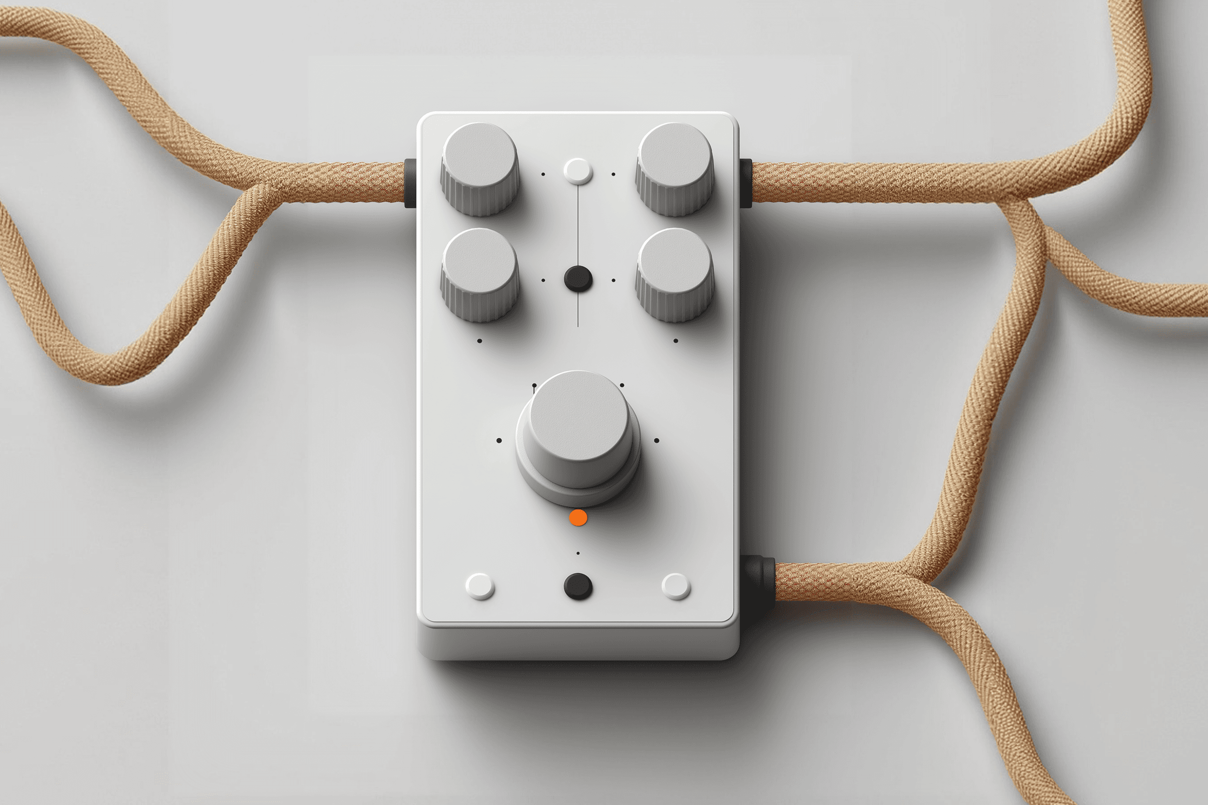 Minimalist audio control device with five knobs, braided cables, and a clean white design. Perfect for modern audio setups.