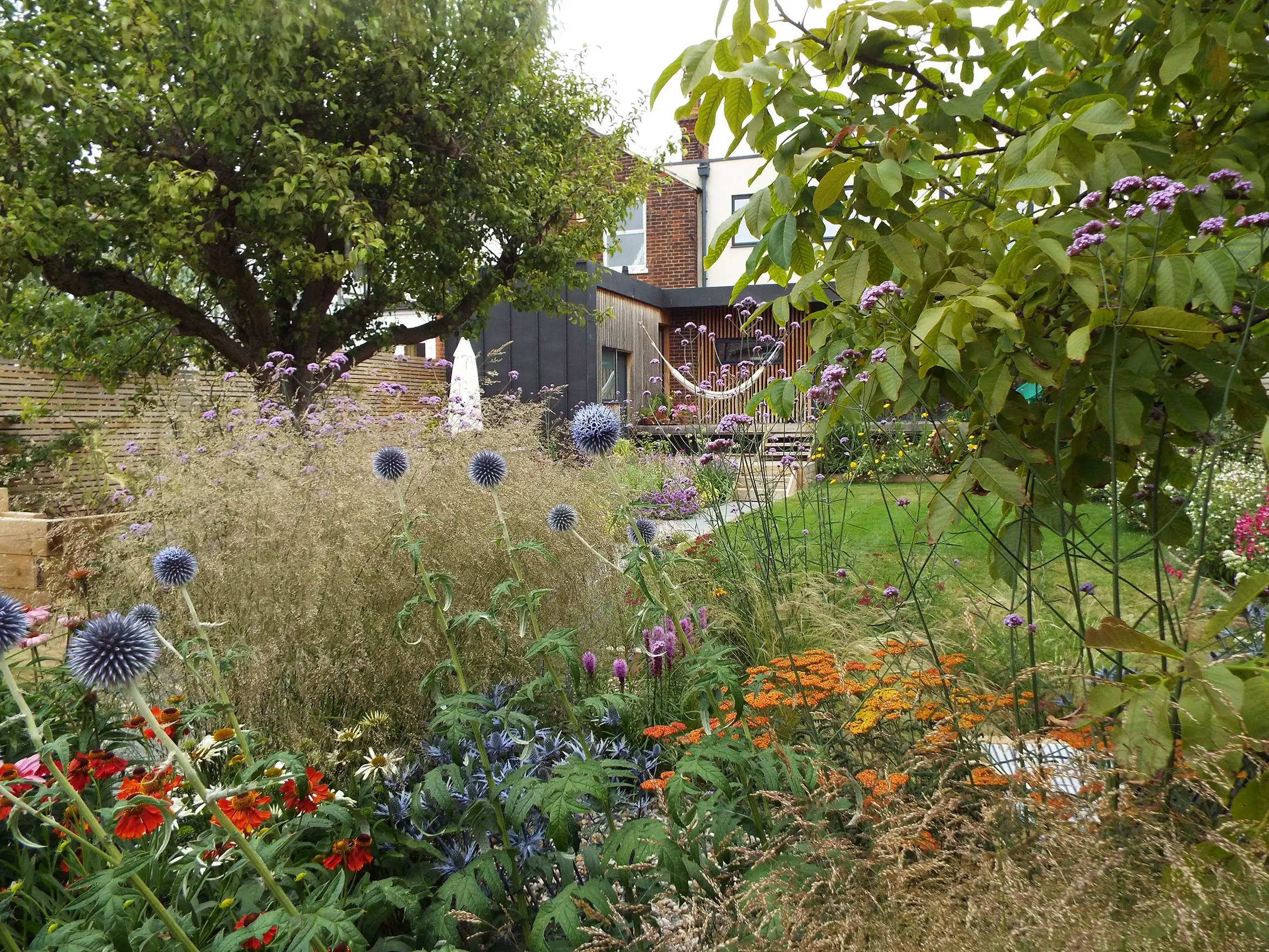 A lush garden filled with colorful flowers and greenery, with a house visible in the background.