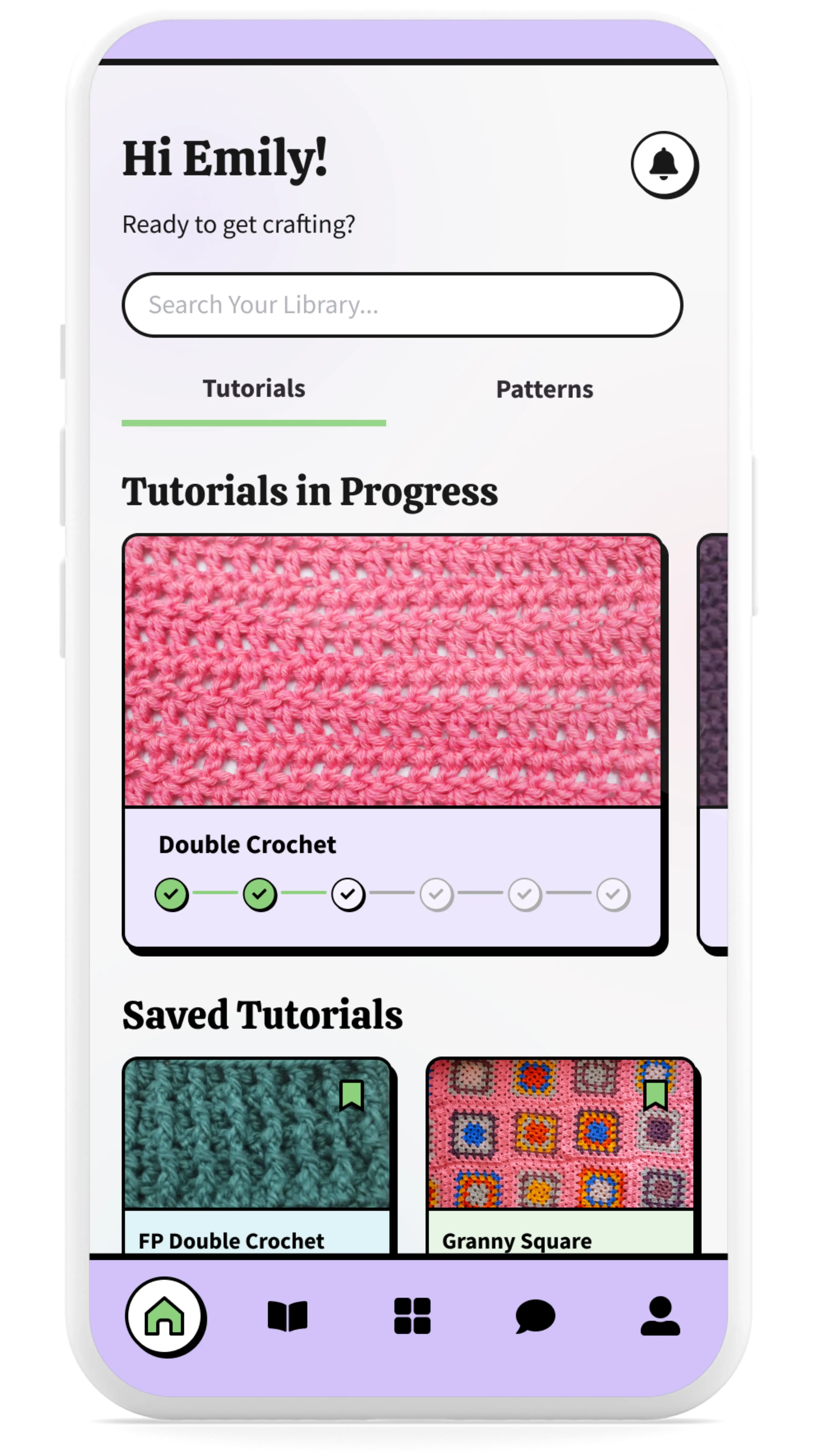 Mobile app dashboard with the greeting 'Hi Emily!' and options to search, view tutorials in progress, saved tutorials, and patterns. Includes colorful thumbnails of crochet projects like 'Double Crochet' and 'Granny Square.'