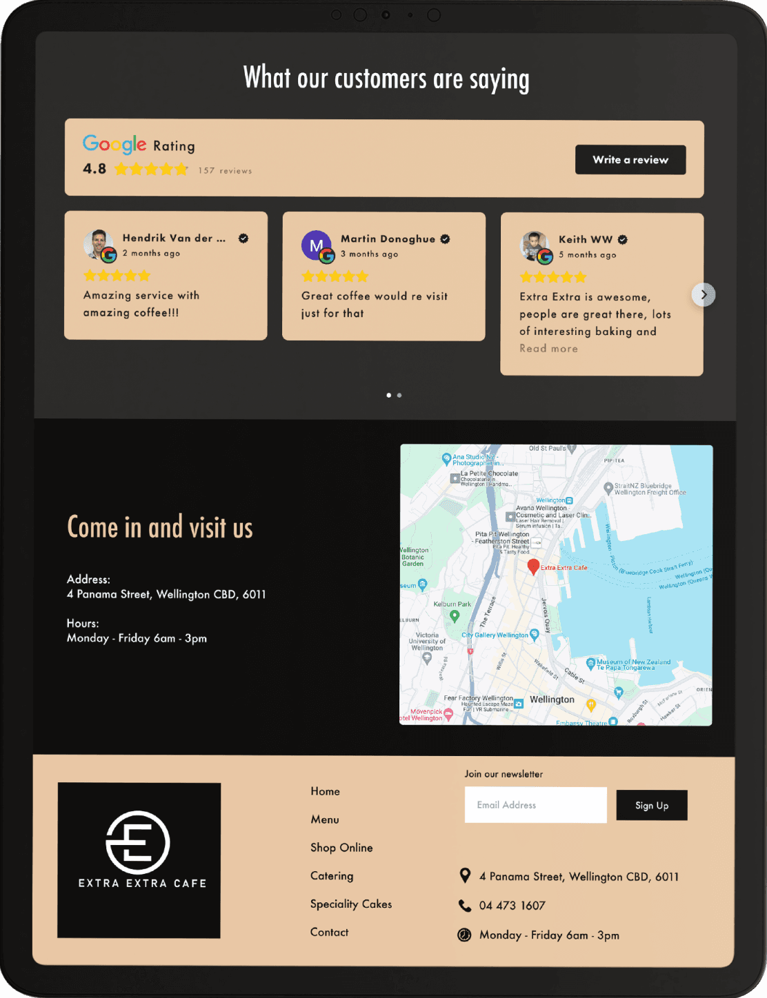 Screen capture of a website design for a Cafe