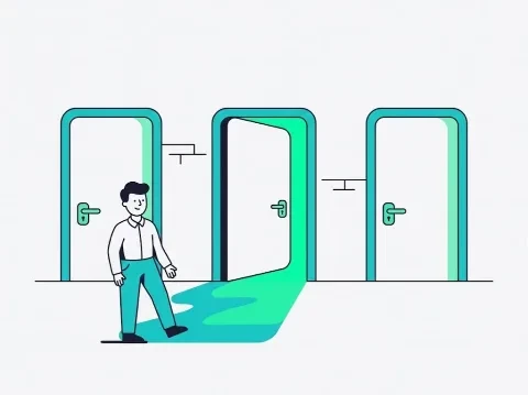 Illustration of three doors, the middle one open with teal light spilling out