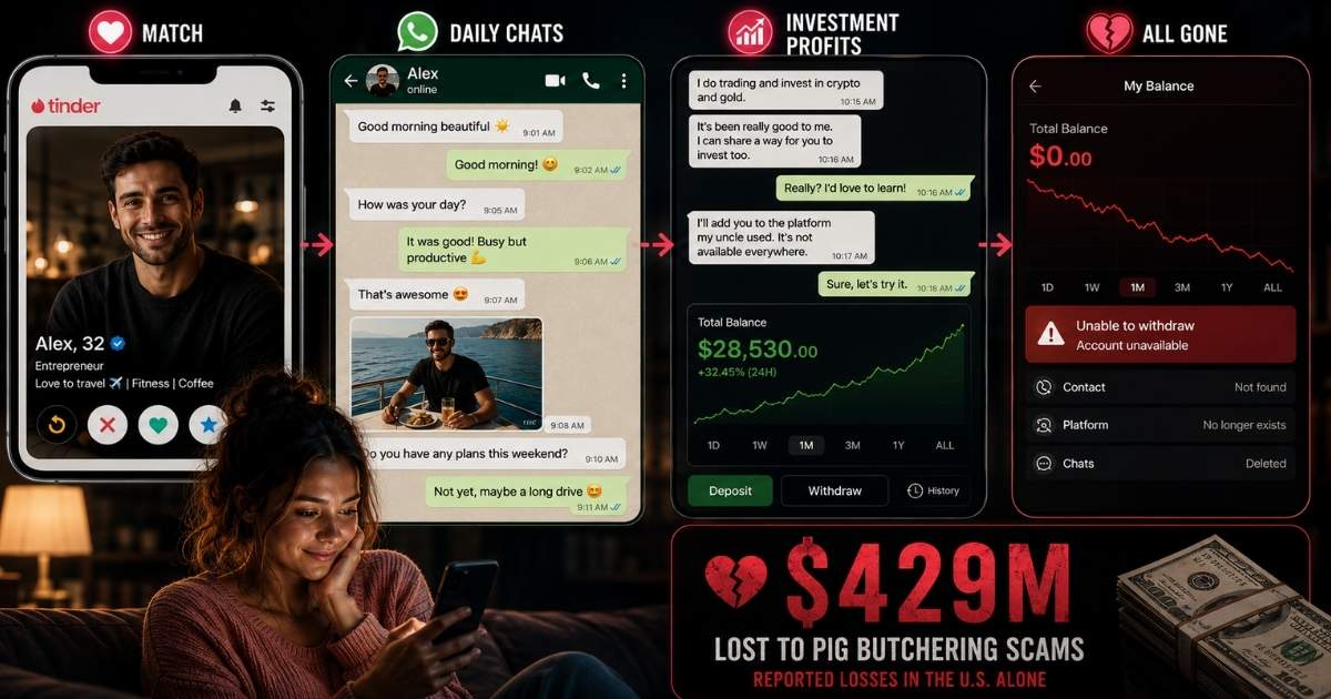 Illustration showing the progression of a pig butchering romance scam. A woman matches with a verified-looking profile on a dating app, moves to WhatsApp for daily conversations, is persuaded to invest through a fake investment platform showing large profits, and ultimately loses access to her funds when the platform disappears. The image highlights how online romance scams build trust before leading victims to financial fraud and significant monetary losses.
