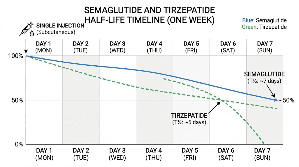 Semaglutide and tirzepatide half-life overlap timeline showing why same-week dosing is dangerous