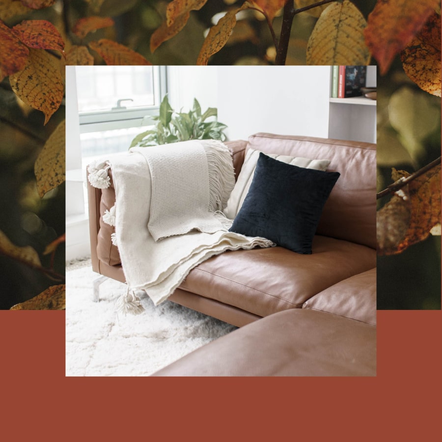 Cozy living room collaged with fall leaves.