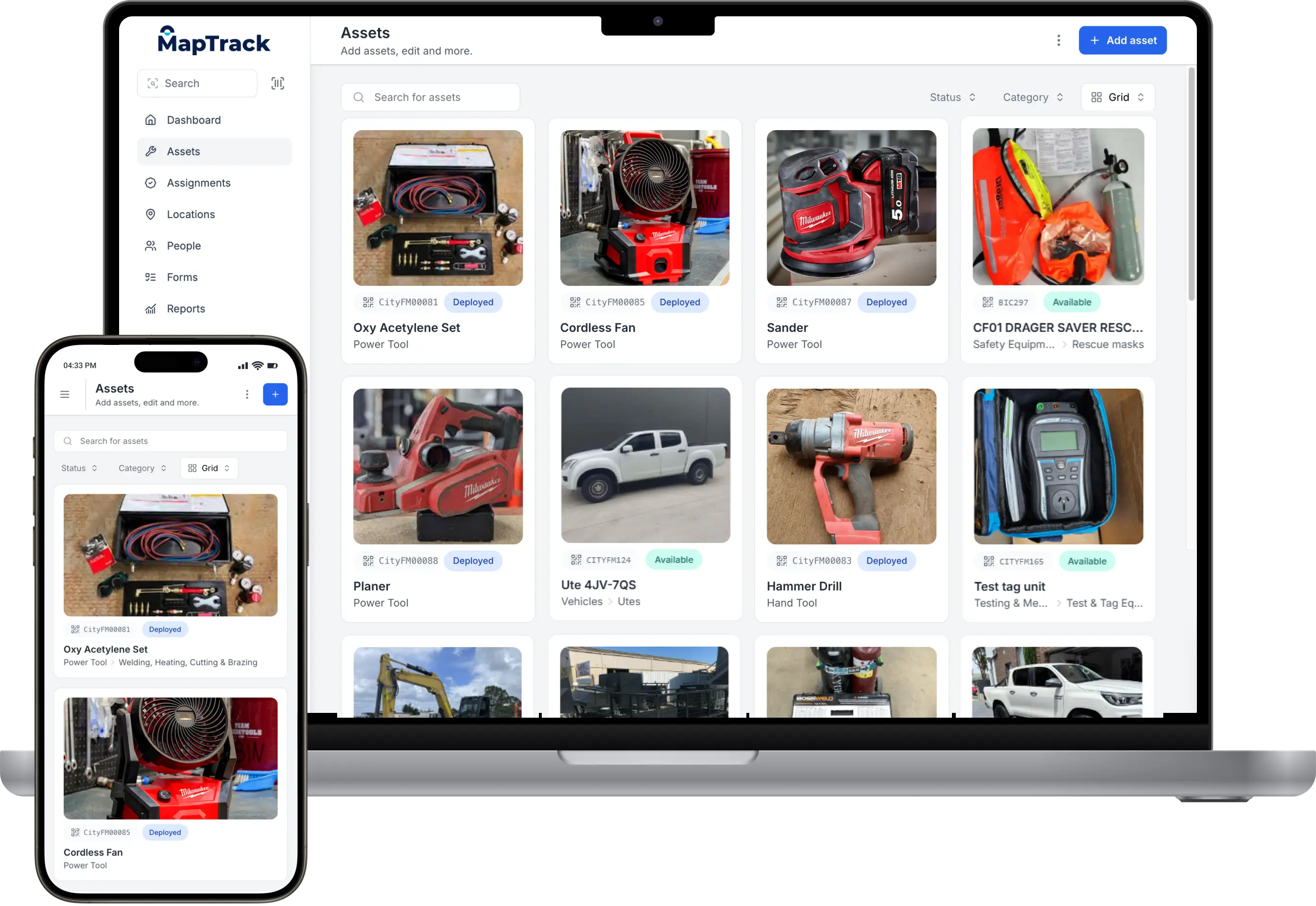 Asset list screen within the MapTrack desktop asset management system.