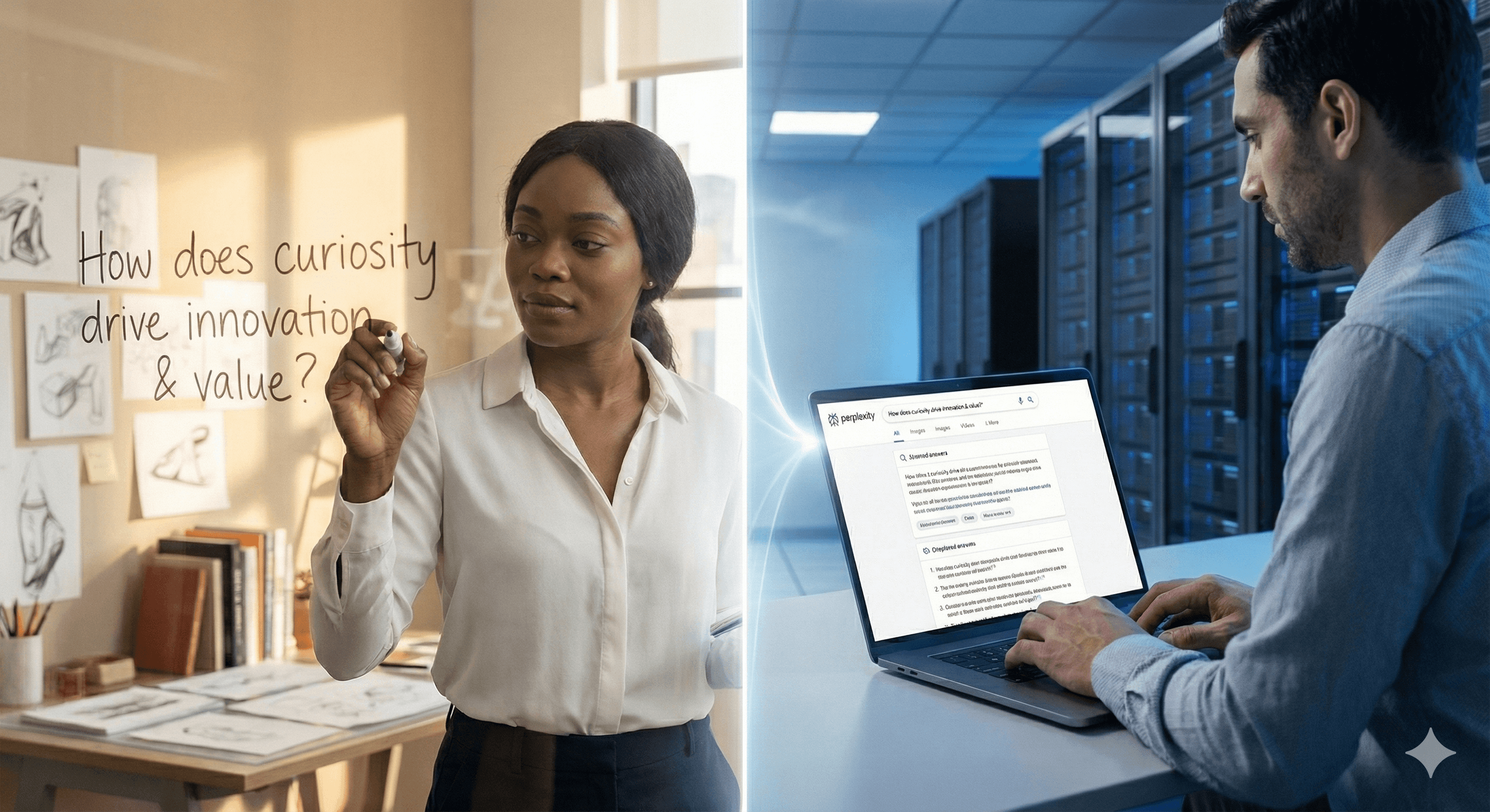 A woman in an office writes on glass, surrounded by design sketches, while a man in a data center works on a laptop displaying a search engine about AI problems.