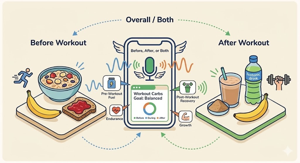 An illustrative infographic showing pre-workout and post-workout carbohydrate sources linked to a central smartphone displaying a balanced nutritional goal. The left section, "Before Workout," features oatmeal, toast with jam, and bananas alongside icons for endurance. The right section, "After Workout," displays a smoothie, isotonic drink, and bananas with recovery icons. The entire composition emphasizes a comprehensive approach to energy and muscle support.