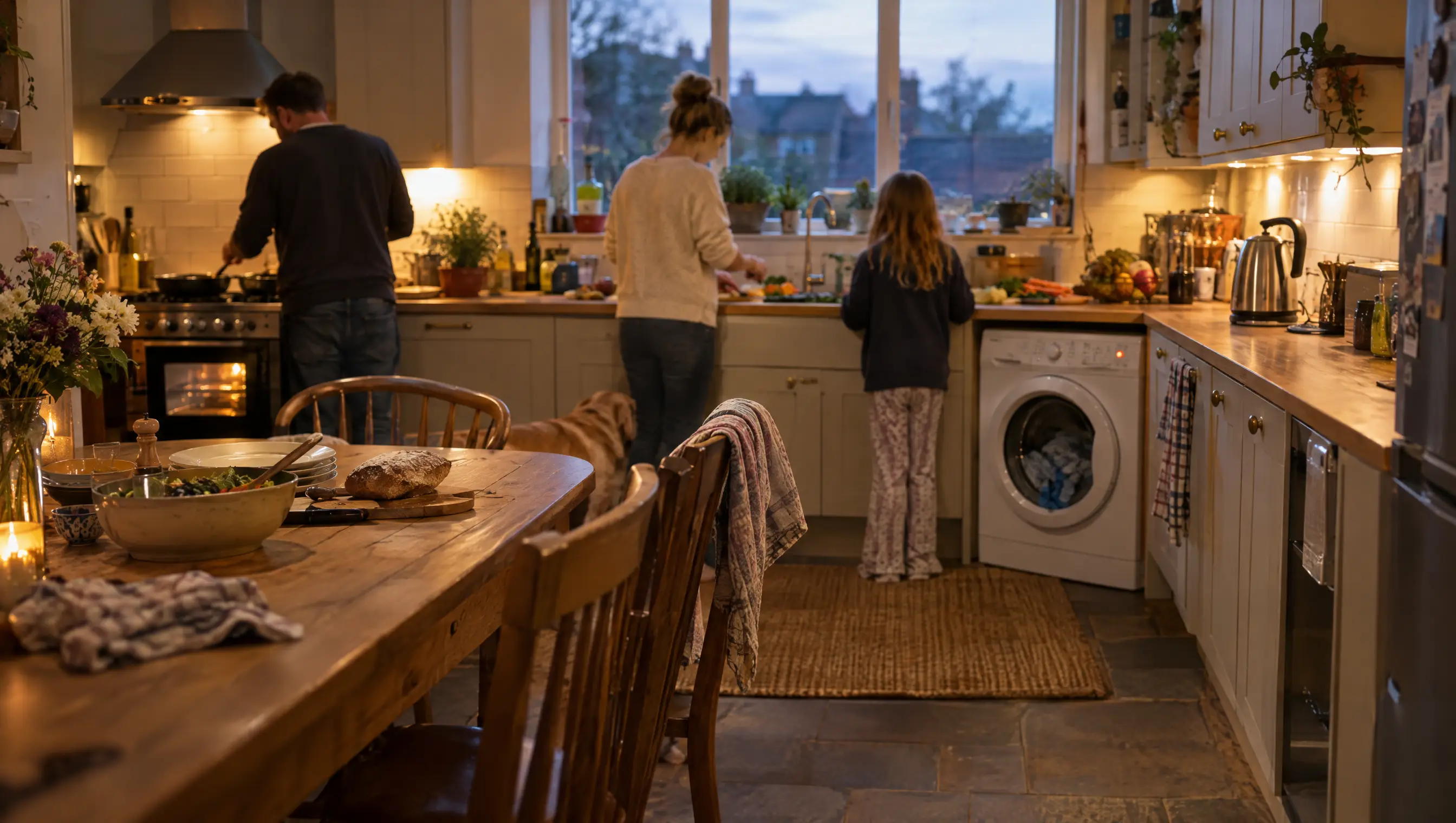 A busy family kitchen in the evening, when household electricity use is highest