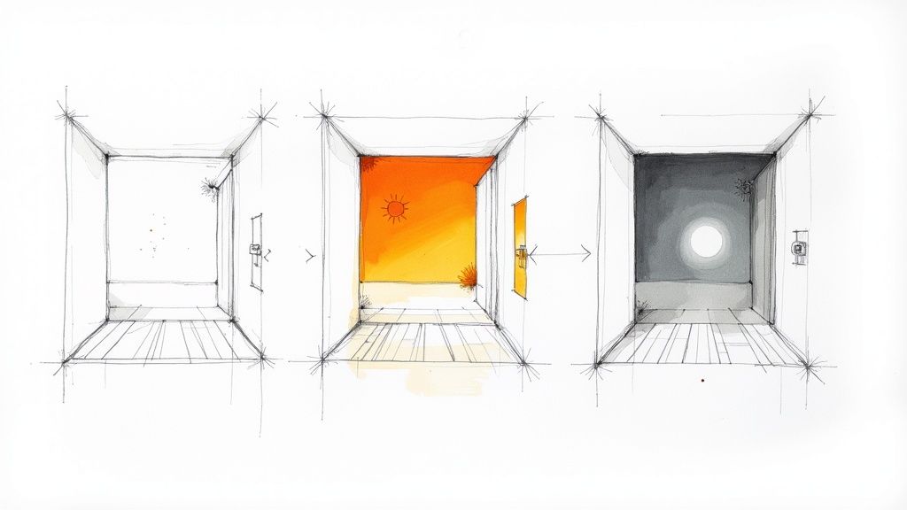 Three architectural sketches illustrating a room's changing light from dawn to day to night.